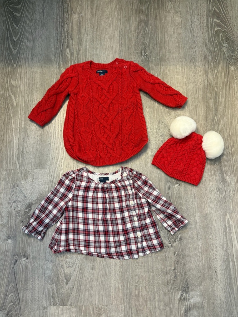 Baby Gap Girls Red Cable Knit Sweater & Plaid Top Set with Pom Pom Hat- Size 3/6
